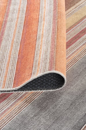 Modern Kiremit Bej Çizgili Kilim Desenli Baskı Şönil Halı Kaymaz Taban Salon Oturma Odası Yatak Odası Halısı SH06