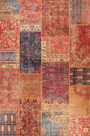 Vintage Kiremit Lacivert Patchwork Anadolu Desenli Baskı Şönil Kilim Kaymaz Taban Salon Oturma Odası Yatak Odası Kilimi SH27