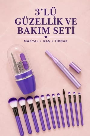 12’Li Makyaj Fırça Seti Kaş Düzeltme Cihazı Ve Tırnak Bakım Seti 3’Lü Kadın Güzellik Ve Kişisel Bakı