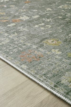 Yeşil Kiremit Vintage Anadolu Desenli Eskitme Baskı Şönil Kilim Kaymaz Taban Salon Oturma Odası Yatak Odası Halısı SH32