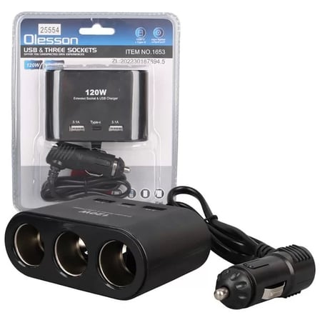 Olesson 1653 12-24V Çift Usb + Type-C Girişli 100W 70Cm Kablolu 3'Lü Araç Çakmak Çoklayıcı