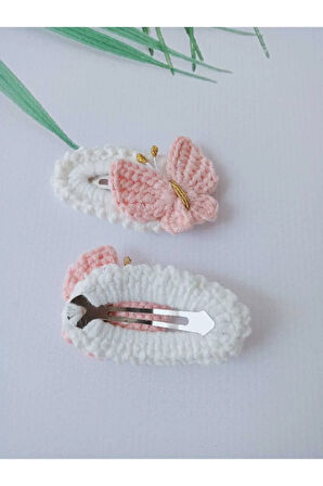 Pembe Kelebek Trend Saç Aksesuarı Örgü Handmade 2'li Çıt Çıt Toka