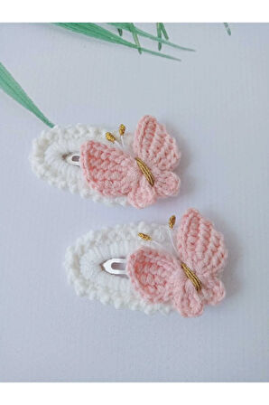 Pembe Kelebek Trend Saç Aksesuarı Örgü Handmade 2'li Çıt Çıt Toka