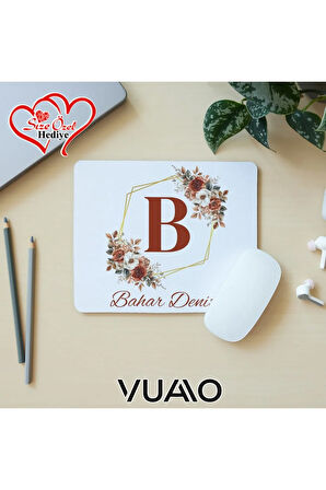 Kişiye Özel İsimli ve Harfli Desenli Mouse Pad 21x17 cm, Kaymaz Taban - Baskılı Mousepad