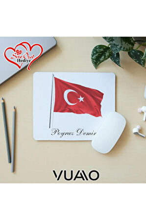 Kişiye Özel İsimli ve Türk Bayraklı Mouse Pad 21x17 cm, Kaymaz Taban - Baskılı Mousepad