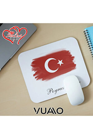 Kişiye Özel İsimli ve Türk Bayraklı Mouse Pad 21x17 cm, Kaymaz Taban - Baskılı Mousepad