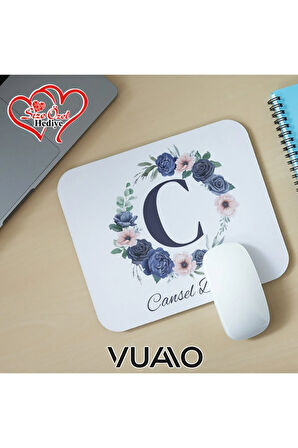 Kişiye Özel İsimli ve Harfli Desenli Mouse Pad 21x17 cm, Kaymaz Taban - Baskılı Mousepad