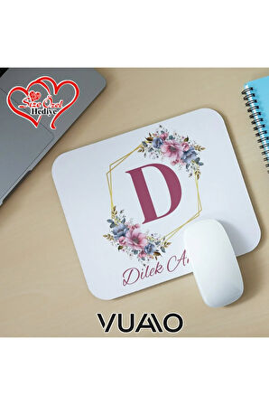 Kişiye Özel İsimli ve Harfli Desenli Mouse Pad 21x17 cm, Kaymaz Taban - Baskılı Mousepad