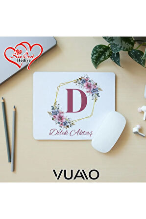 Kişiye Özel İsimli ve Harfli Desenli Mouse Pad 21x17 cm, Kaymaz Taban - Baskılı Mousepad
