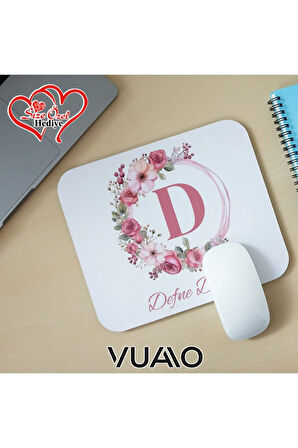 Kişiye Özel İsimli ve Harfli Desenli Mouse Pad 21x17 cm, Kaymaz Taban - Baskılı Mousepad