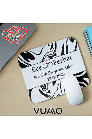 Kişiye Özel İsimli ve Tarihli Desenli Mouse Pad 21x17 cm, Kaymaz Taban - Baskılı Mousepad