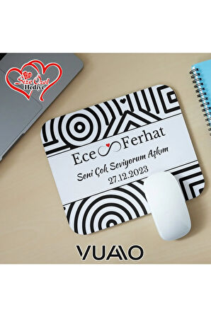 Kişiye Özel İsimli ve Tarihli Desenli Mouse Pad 21x17 cm, Kaymaz Taban - Baskılı Mousepad