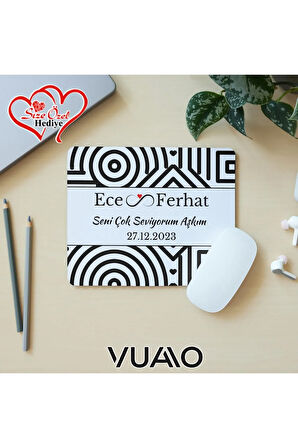 Kişiye Özel İsimli ve Tarihli Desenli Mouse Pad 21x17 cm, Kaymaz Taban - Baskılı Mousepad