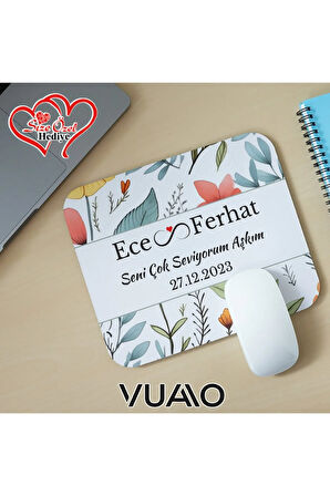 Kişiye Özel İsimli ve Tarihli Desenli Mouse Pad 21x17 cm, Kaymaz Taban - Baskılı Mousepad