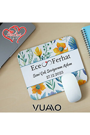 Kişiye Özel İsimli ve Tarihli Desenli Mouse Pad 21x17 cm, Kaymaz Taban - Baskılı Mousepad