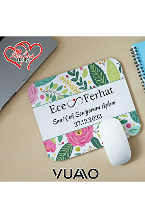 Kişiye Özel İsimli ve Tarihli Desenli Mouse Pad 21x17 cm, Kaymaz Taban - Baskılı Mousepad