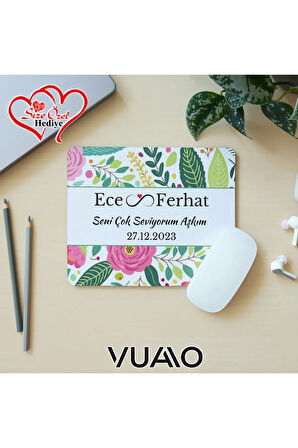 Kişiye Özel İsimli ve Tarihli Desenli Mouse Pad 21x17 cm, Kaymaz Taban - Baskılı Mousepad
