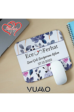Kişiye Özel İsimli ve Tarihli Desenli Mouse Pad 21x17 cm, Kaymaz Taban - Baskılı Mousepad
