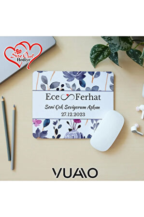 Kişiye Özel İsimli ve Tarihli Desenli Mouse Pad 21x17 cm, Kaymaz Taban - Baskılı Mousepad