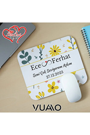 Kişiye Özel İsimli ve Tarihli Desenli Mouse Pad 21x17 cm, Kaymaz Taban - Baskılı Mousepad