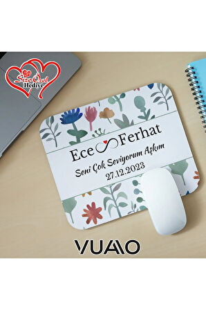 Kişiye Özel İsimli ve Tarihli Desenli Mouse Pad 21x17 cm, Kaymaz Taban - Baskılı Mousepad
