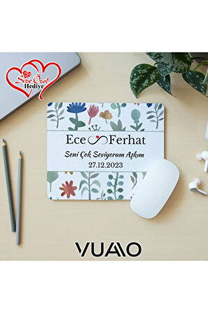 Kişiye Özel İsimli ve Tarihli Desenli Mouse Pad 21x17 cm, Kaymaz Taban - Baskılı Mousepad