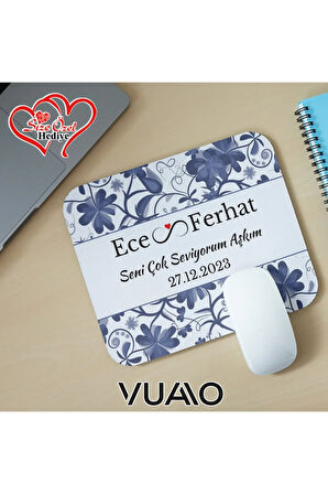 Kişiye Özel İsimli ve Tarihli Desenli Mouse Pad 21x17 cm, Kaymaz Taban - Baskılı Mousepad