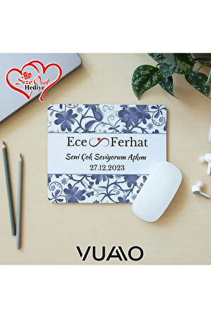 Kişiye Özel İsimli ve Tarihli Desenli Mouse Pad 21x17 cm, Kaymaz Taban - Baskılı Mousepad