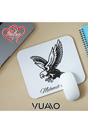 Kişiye Özel İsimli ve Kartal Temalı Mouse Pad 21x17 cm, Kaymaz Taban - Baskılı Mousepad