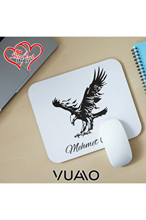Kişiye Özel İsimli ve Kartal Temalı Mouse Pad 21x17 cm, Kaymaz Taban - Baskılı Mousepad