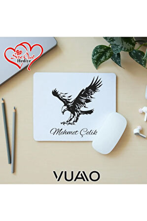 Kişiye Özel İsimli ve Kartal Temalı Mouse Pad 21x17 cm, Kaymaz Taban - Baskılı Mousepad