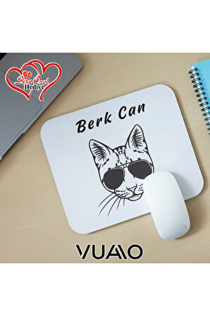 Kişiye Özel İsimli ve Kedi Temalı Mouse Pad 21x17 cm, Kaymaz Taban - Baskılı Mousepad