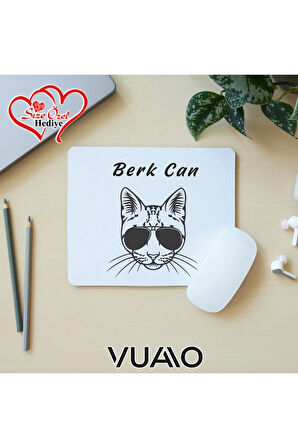 Kişiye Özel İsimli ve Kedi Temalı Mouse Pad 21x17 cm, Kaymaz Taban - Baskılı Mousepad