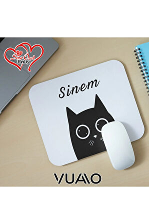 Kişiye Özel İsimli ve Kedi Temalı Mouse Pad 21x17 cm, Kaymaz Taban - Baskılı Mousepad