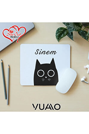 Kişiye Özel İsimli ve Kedi Temalı Mouse Pad 21x17 cm, Kaymaz Taban - Baskılı Mousepad