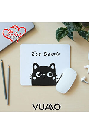 Kişiye Özel İsimli ve Kedi Temalı Mouse Pad 21x17 cm, Kaymaz Taban - Baskılı Mousepad