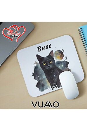 Kişiye Özel İsimli ve Kedi Temalı Mouse Pad 21x17 cm, Kaymaz Taban - Baskılı Mousepad