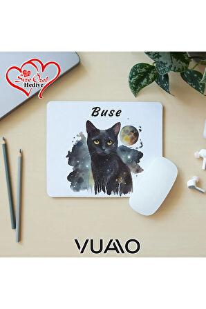 Kişiye Özel İsimli ve Kedi Temalı Mouse Pad 21x17 cm, Kaymaz Taban - Baskılı Mousepad