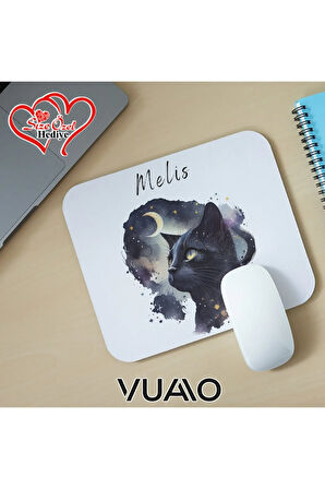 Kişiye Özel İsimli ve Kedi Temalı Mouse Pad 21x17 cm, Kaymaz Taban - Baskılı Mousepad