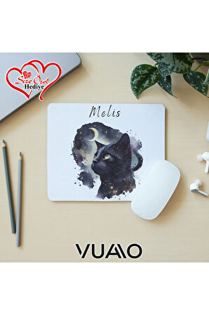 Kişiye Özel İsimli ve Kedi Temalı Mouse Pad 21x17 cm, Kaymaz Taban - Baskılı Mousepad