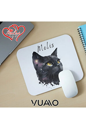 Kişiye Özel İsimli ve Kedi Temalı Mouse Pad 21x17 cm, Kaymaz Taban - Baskılı Mousepad