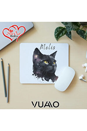 Kişiye Özel İsimli ve Kedi Temalı Mouse Pad 21x17 cm, Kaymaz Taban - Baskılı Mousepad