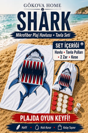 Shark Tavla Setli Mikrofiber Plaj Havlusu 75x150 cm – Tavla Pulları, Zar ve Kese Dahil