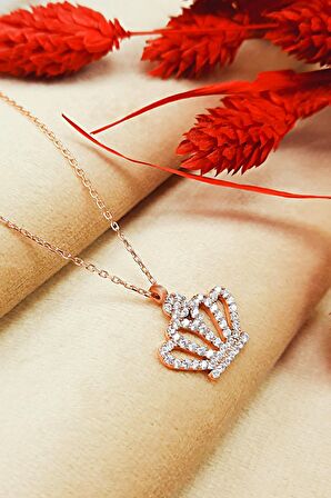 925 Ayar Gümüş Zirkon Taşlı Rose Kaplama Taç Kolye