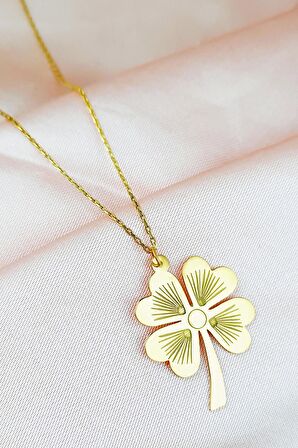 925 Ayar Gümüş Gold Kaplama Yonca Model Kolye 45-55 Cm Zincir