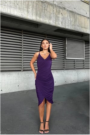 SHNSTORE Esnek Kumaş Abiye Sandy Yaka Büzgülü V Elbise · Renk: Zümrüt · Beden: S SHN0720