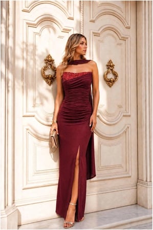 SHNSTORE Simli Yırtmaçlı Elbise Abiye Straplez Kumaş · Renk: Mor · Beden: S SHN0720