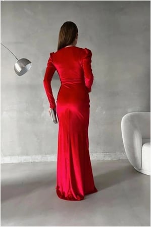 SHNSTORE Kadife Kruvaze Yırtmaçlı Elbise Maxi Abiye Yaka Kumaş · Renk: Zümrüt · Beden: M SHN0720