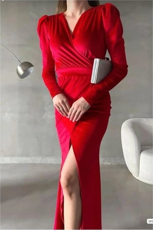 SHNSTORE Kadife Kruvaze Yırtmaçlı Elbise Maxi Abiye Yaka Kumaş · Renk: Zümrüt · Beden: M SHN0720