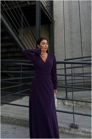 SHNSTORE Krep Kumaş Abiye Kruvaze Yaka Elbise Yırtmaçlı Maxi · Renk: Siyah · Beden: S SHN0720